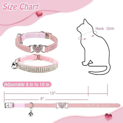 BINGPET Diamond Cat Collar,Adjustable Soft Velvet Leather Safe Kitten Collar with Shiny Rhinestones and Bells,Girl Boy Bling Cat Collars with Safety Elastic for Small Medium Cats Pack of 2（Pink） - color: Pink(Heart & Rhinestones), size: Neck Girth 8"-10"