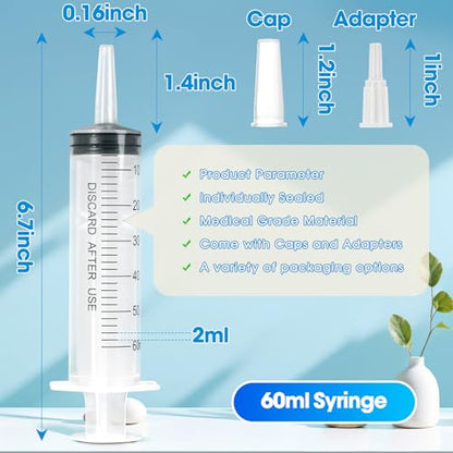 60ml Syringe for Liquid,20 Pack Large Plastic Syringes with Adapters and Cap,Individually Sealed Syringe for Feeding,Irrigation Water and Scientific Labs - size: 60ML