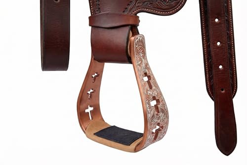 CHALLENGER Western Show Horse Saddle Stirrups Aluminum Leather Tread Cross Engraved 5145v - color: Crosses Bronze with genuine Leather Tread