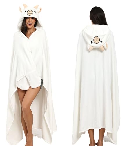 Wearable Blanket Hoodie Animal Fuzzy Blanket Warm Cozy Blanket Hoodie - color: White Goat