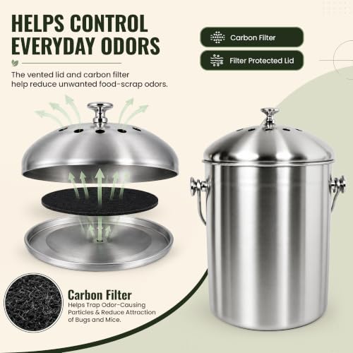 Epica Kitchen Compost Bin for Kicthen Countertops, 1.3 Galllon - Silver - color: silver
