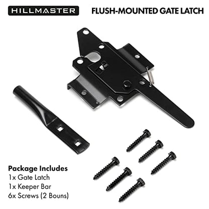 HILLMASTER Heavy Duty Self-Locking Gate Latch for Wooden Fence, Post Mount Automatic Gate Lock Gravity Door Latch Hardware for Secure Pool, Outdoor Garden, Metal Gates Vinyl Fences, Black Finish