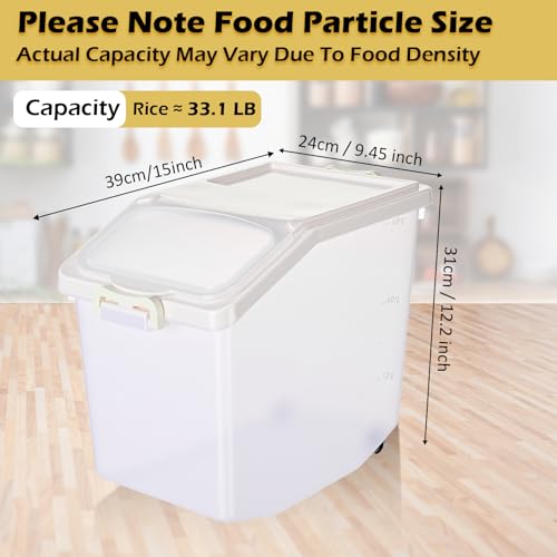 Sunnyray 4 Pcs Rice Storage Container 33.1 lb Airtight Flour Container with Wheels Measuring Cup White Pet Food Dog Cat Birds Food Bin Grain Cereal Organizer Box for Dry Baking Supplies - size: 12.2 x 12.2 x 9.45 Inch