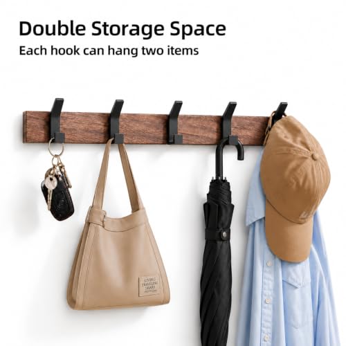 17 Inch Black Walnut Wood Wall Mounted Coat Rack with 4 Black L Hooks, Adhesive Mounted Entryway Hooks, Modern Natural Wooden Pegs for Hanging Coat Clothes Hat Bag Purse Key and Towel - color: Coat Rack with 5 L Hooks