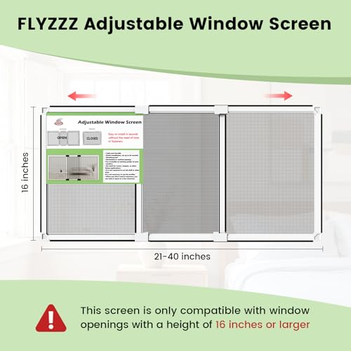 FLYZZZ Adjustable Window Screen for Hung Windows, White Expandable Horizontal Sliding Screen, 16" H x 21-40" W with Black Fiberglass Mesh Removable Window Screen Replacement,1-Pack - size: M(16" H x 21-40" W )-1 Pack