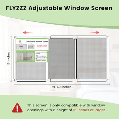 FLYZZZ Adjustable Window Screen for Hung Windows, White Expandable Horizontal Sliding Screen, 16" H x 21-40" W with Black Fiberglass Mesh Removable Window Screen Replacement,1-Pack - size: M(16" H x 21-40" W )-1 Pack