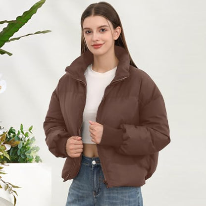 SXGYH Women’s Winter Cropped Puffer Jacket Coat Casual Quilted Baggy Long Sleeve Zip Down Jackets Outerwear - color: Coffee, size: X-Large