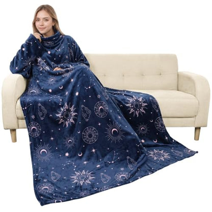 Catalonia Wearable Blanket with Sleeves for Women & Men, Fleece Wrap Throw - color: Astrology Navy