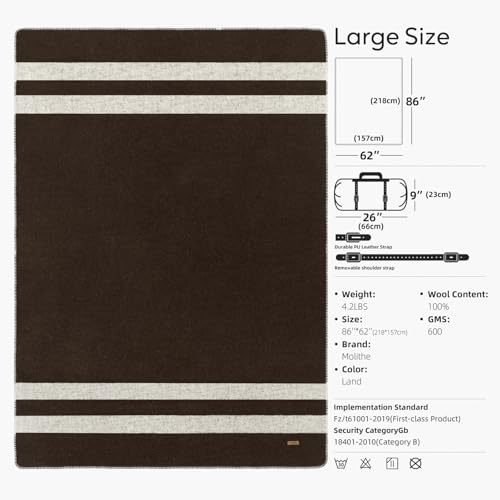 Molithe 100% Wool Blanket, 62" x 86", Warm, Thick, Military, Camping Gear - color: Land, size: Large