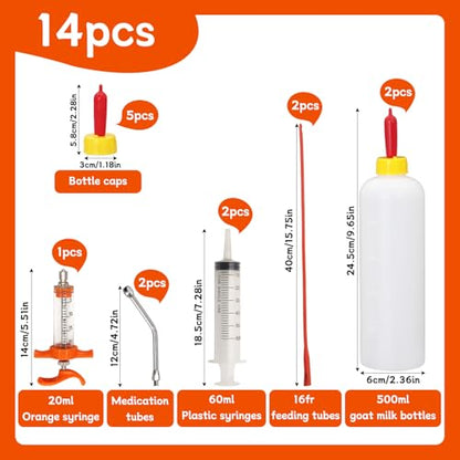 14PCS Lamb and Goat Kid Feeding Tube Kit Included 2 500ml Lamb Feeding Bottles 5 Milk Nipples 2 60ml Syringe with 2 16fr Red Feeding Tube Kit,1 20ML Reusable Goat Syringe with 2 Drench Nozzle (14)