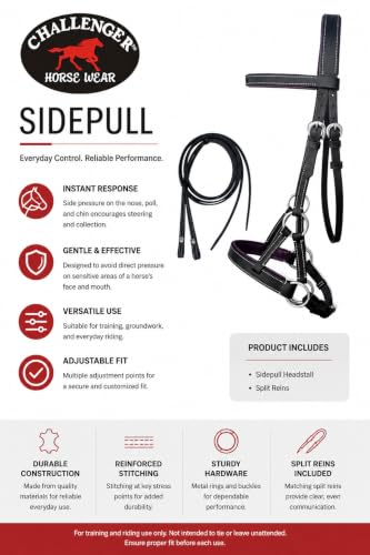 CHALLENGER Horse Western Brown Leather Training Tack Bitless Sidepull Bridle Reins 7711 - color: Black/Purple, size: Full