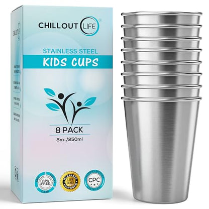 CHILLOUT LIFE Stainless Steel Kids Cups 8 oz - Stainless Steel Small Children Cups for Home & Outdoor Activities, BPA Free Unbreakable Premium Stackable Metal Drinking Glasses (8-Pack) - color: Stainless Steel, style: 8 oz - 8pc