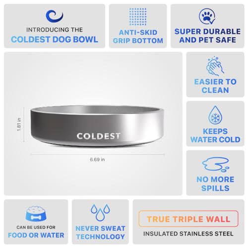 Coldest Dog Bowl - Anti Rust Metal, Non Slip, 3 Layers Insulated Stainless Steel Dog Bowls - Spill Proof & Heavy Duty - Water Bowl for Dogs, Cats, Dish Washer Safe (21 oz, Polished Stainless Steel) - color: Polished Stainless Steel, size: 21 oz