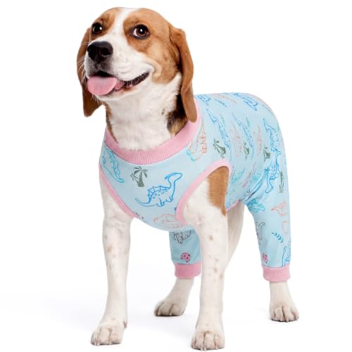 Kuoser Dog Recovery Suit with Anti Licking Rear Leg Sleeve, Dinosaur M - color: Blue Dinosaur, size: Medium (Back Length: 34cm / 13.38")