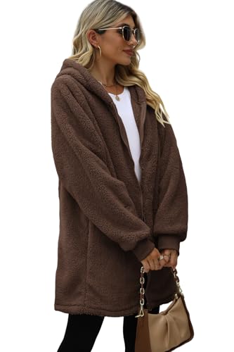 ReachMe Womens Fleece Zip Up Jacket with Pockets Oversized Long Sherpa Hoodie Fuzzy Jackets Warm Teddy Coat - color: 01 Chocolate Brown, size: XX-Large