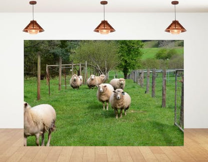 20x10ft Fabric Wool Sheep Herd Backdrop Fluffy White Ewe Lush Green Pasture Wire Fence Spring Tree Photography Background Tapestry Farm Wildlife Animal Decorations Photo Booth Props - size: 20x10ft