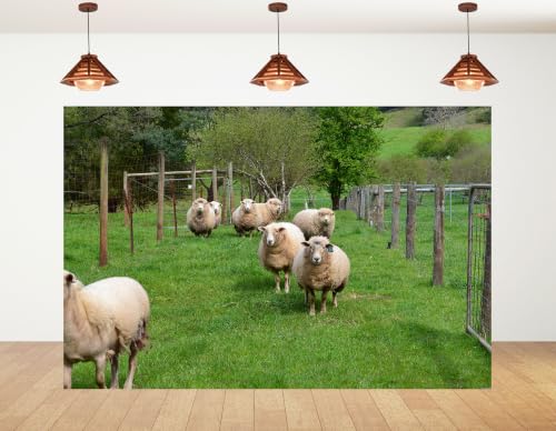10x10ft Fabric Wool Sheep Herd Backdrop Fluffy White Ewe Lush Green Pasture Wire Fence Spring Tree Photography Background Tapestry Farm Wildlife Animal Decorations Photo Booth Props - size: 10x10ft