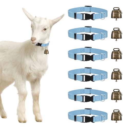 M METERXITY 6-Pack Goat Collars with Bells, 13.8"-20.5" Polyester Adjustable Pet Collar with Anti-Lost Grazing Copper Bell for Small Farm Animal/Sheep/Cow/Goat [Blue] - color: Blue