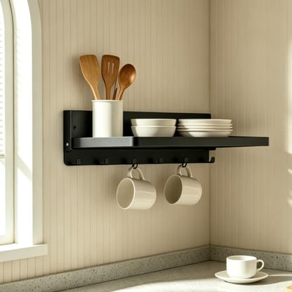 Small Folding Metal Shelf with Hooks, Fold-up Wall Shelf, 6 Hooks