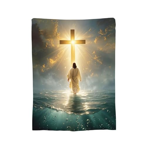 Jesus Christian Throw Blanket Jesus Walking on Water Fleece Blanket Christ Cross Religious Soft Cozy Fuzzy Plush Warm Stuff Bedding Blankets Gifts for Boys Girls Kids Adult Men Women 50"X60" - color: Jesus, size: 50"x60"