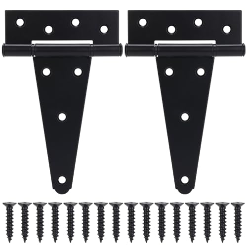 6 Inch T-Strap Gate Hinges, Shed Barn Door Hinges Heavy Duty, Black Tee Hinges for Wooden Fences, Yard Gate, Wrought Hardware Iron Rustproof (2Pack/Set) - size: 6 Inch
