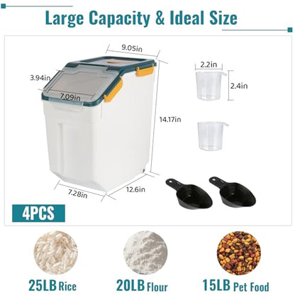 4 Pack Rice Container 25 lbs Large Bulk Flour Sugar Storage Holdhouse Plastic Grain Cereal Dry Goods Bin with Spoon and Measuring Cup for Kitchen Pantry Organization - Blue - color: Blue, 4 Pack