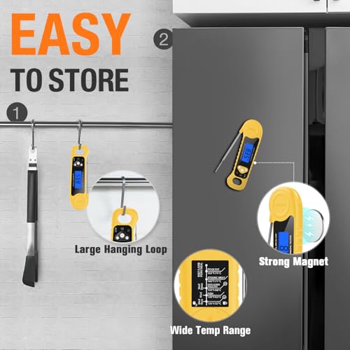 AMMZO Meat Thermometer Digital, Instant Read Food Thermometer - Waterproof w/Backlight for Cooking, Candy, Deep Fry, BBQ, Grill, Candy Making Accessories, Gifts for Men Women(Yellow) - color: Yellow