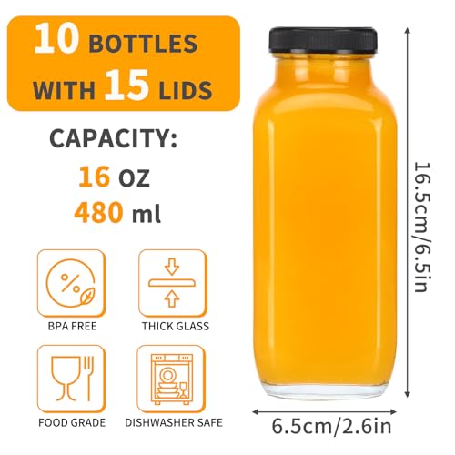 CUCUMI 10pcs 16oz Glass Juice Bottles with Lids | Reusable Juice Containers Drinking Jars Water Cups with Brush, Glass Straws, Lids with Hole - color: 10pcs-16oz