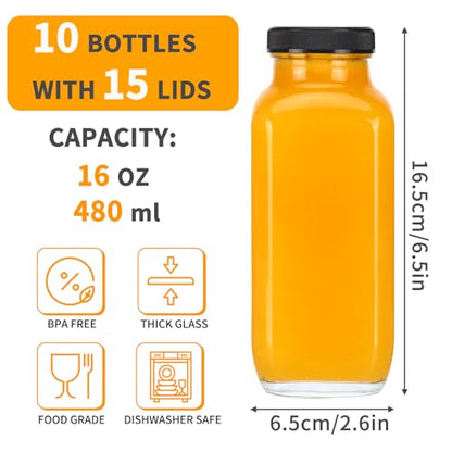 CUCUMI 10pcs 16oz Glass Juice Bottles with Lids | Reusable Juice Containers Drinking Jars Water Cups with Brush, Glass Straws, Lids with Hole - color: 10pcs-16oz