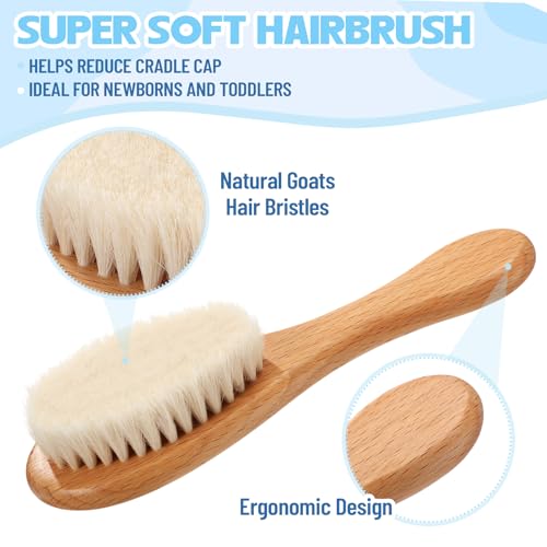 Teenyyou Baby Hair Brush Set for Newborns Wooden Baby Brush and Comb Set Soft Goat Hair Bristles with Gift Box for Cradle Cap Newborn Grooming Kit for Boys & Girls Toddlers Shower Registries Gift