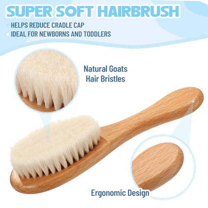 Teenyyou Baby Hair Brush Set for Newborns Wooden Baby Brush and Comb Set Soft Goat Hair Bristles with Gift Box for Cradle Cap Newborn Grooming Kit for Boys & Girls Toddlers Shower Registries Gift