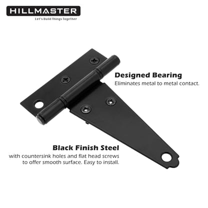 Hillmaster 4 Inch T-Strap Heavy Duty Shed Door Hinges - Black Tee Hinge for Wooden Fences, Shutter, Window, Yard, Barn Door, Outdoor (2 Pack) - size: 4in 2Pack