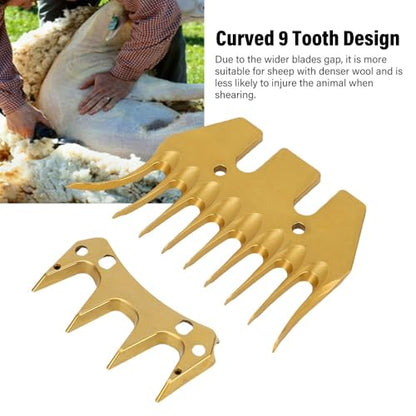 2 Pcs 3.23x2.56in Gold Sheep Shears Replacement Blades, 9 Curved Tooth Clipper Blades for Sheep Goats Dense Wool Shearing
