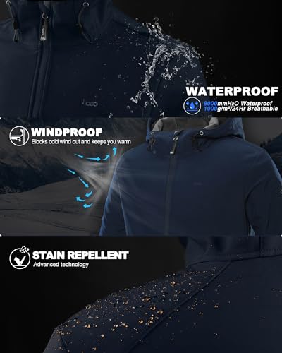 33,000ft Men's Hooded Softshell Jacket Waterproof Lightweight Insulated Windbreaker Fleece Lined Rain Shell Jacket - color: Navy, size: Medium
