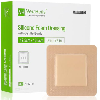 NeuHeils Silicone Foam Dressing with Border 5''x5'', 10 Pack for Bed Sores - size: 5''x5''(10 Pack)