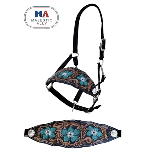 Majestic Ally Equestrian Designer Bronc Halter for Horses, Hand-Tooled Leather Nose, Padded Nylon Crown and Noseband - style: Turquoise Carnation