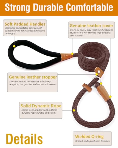 Dog Leash Slip Lead Braided Rope Pet Training Loop Leashes 5ft 6ft 8ft | Strong Heavy Duty 1/2" 3/8", Durable Padded Handle No Pull Basic Training Nylon Lead,Small Medium Large Dogs Puppy - color: Brown