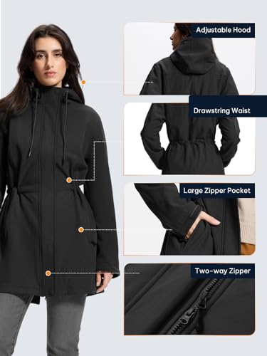 SaphiRose Women's Waterproof Rain Jacket with Fleece Lining Hooded Windbreaker Long Warm Outdoor Softshell Coat - color: Black, size: Medium