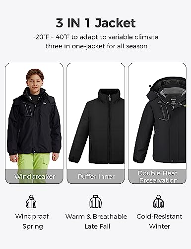 wantdo Boys' 3-in-1 Ski Jacket Fleece-Lined Winter Coat Hooded Raincoat - color: Black, size: 10-12