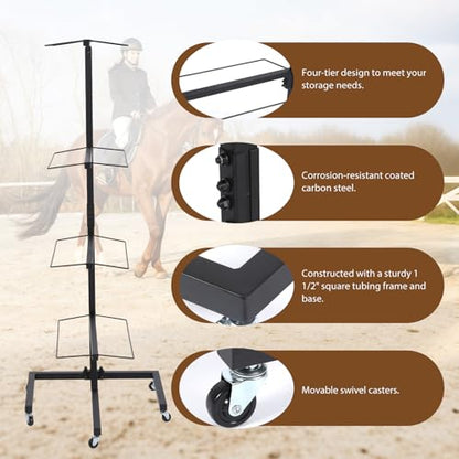 4 Tier Saddle Rack Stand with Wheels Adjustable Holder for Western & English Saddle Portable Heavy Duty Tack Rack Supports to 250Lbs Holds Tack Pad Blanket Accessories etc for Horses