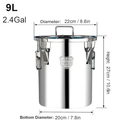 2.4Gal 304 Stainless Steel Flour Canister, Kitchen Airtight Metal Canisters with Lids, 7-12lbs Metal Airtight Canisters Milk Jug Coffee Bean Cookies Canisters w/Locking Clamp 9L - size: Standard 9L/2.4gal