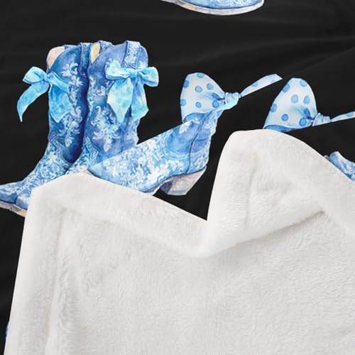 Erosebridal Blue Bow Fleece Blanket Cute Bows Sherpa Blanket 40"X60" Western Cowboy Boots Fuzzy Plush Throw for Kids Boyd Girls Teens Cowgirl Polka Bowknot Throw Blankets - color: Black Blue, size: 40"x50"