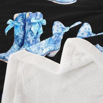 Erosebridal Blue Bow Fleece Blanket Cute Bows Sherpa Blanket 40"X60" Western Cowboy Boots Fuzzy Plush Throw for Kids Boyd Girls Teens Cowgirl Polka Bowknot Throw Blankets - color: Black Blue, size: 40"x50"