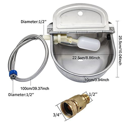 Automatic Livestock Waterer, 304 Stainless Steel with Float Valve, Animal Watering Bowl for Dogs, Horses, Goats, Cattle, Pigs & Chickens, Wall & Ground Mount, Includes 3/4" Adaptor & Water Pipe