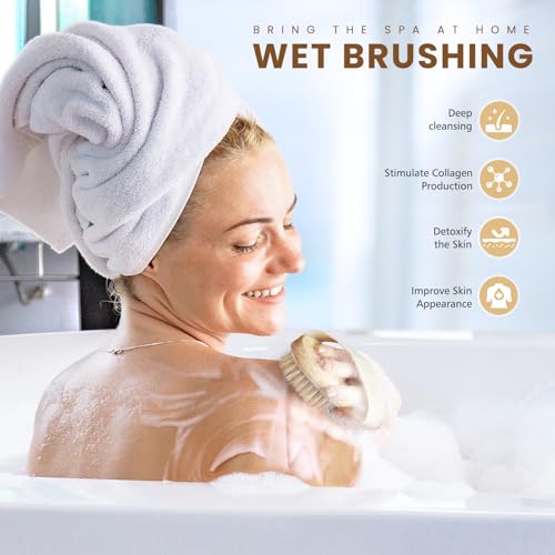 POPCHOSE Dry Brush for Lymphatic Drainage, Dry Brushing Body Brush | Natural Boar Bristle Body Brush, Dry or Wet Exfoliating Shower Scrub Brush for Smoother Skin, Self Care Routine Gift - size: 1 Count (Boar Bristles)