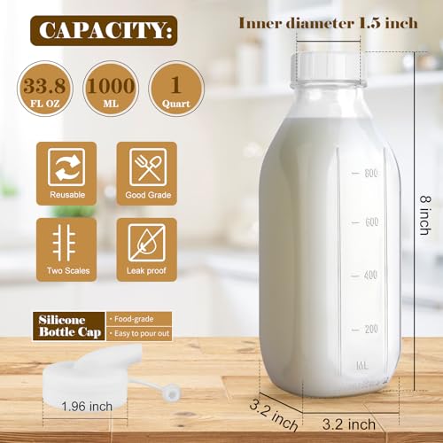 32 oz Glass Milk Bottles 4 Pack Quart Refrigerator Water Container | Reusable Juice Pitchers with Nut Milk Bag & 2 Airtight Lids & 2 Pour Spout & Brush, Drinking Jars for Coffee Smoothie