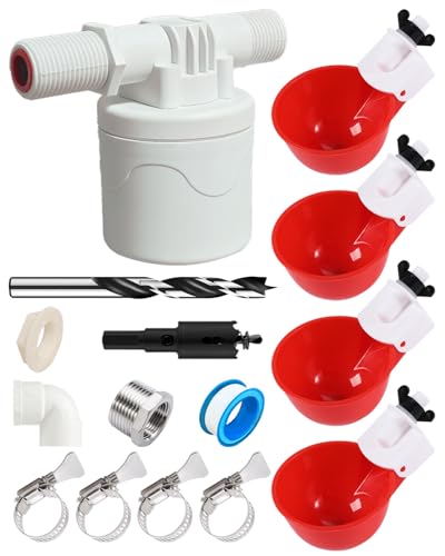 DIY Automatic Chicken Waterer Kit with 4 Cups & Float Valve | Full Kit with Drill Bits & Hose Clamps, Leak-Proof Seal, 304 Stainless Steel Parts for Backyard & Farm Poultry