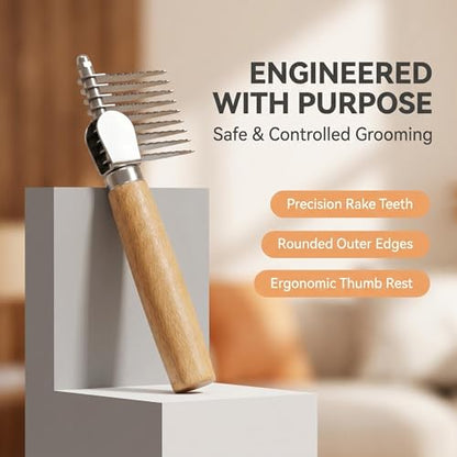 Dematting Comb for Dogs & Cats - Safe Stainless Steel Pet Detangling Brush, Gentle on Sensitive Skin, Reduces Shedding, Ergonomic Bamboo Handle