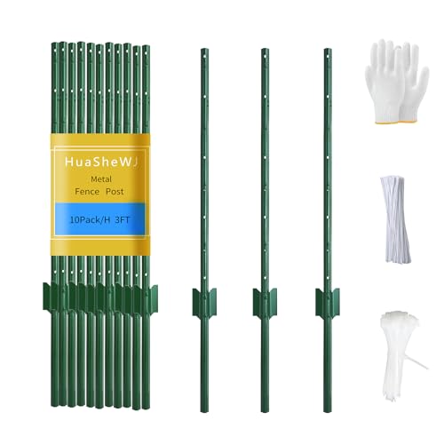 Metal Fence Post 3 Feet Green, Pack of 10, T Post for Wire Fence - color: Green 10pcs, size: 3 ft.