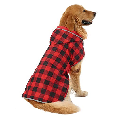 HDE 2-in-1 Reversible Dog Raincoat Hooded Poncho Rain Jacket Red Plaid L - color: Buffalo Plaid / Red, size: Large